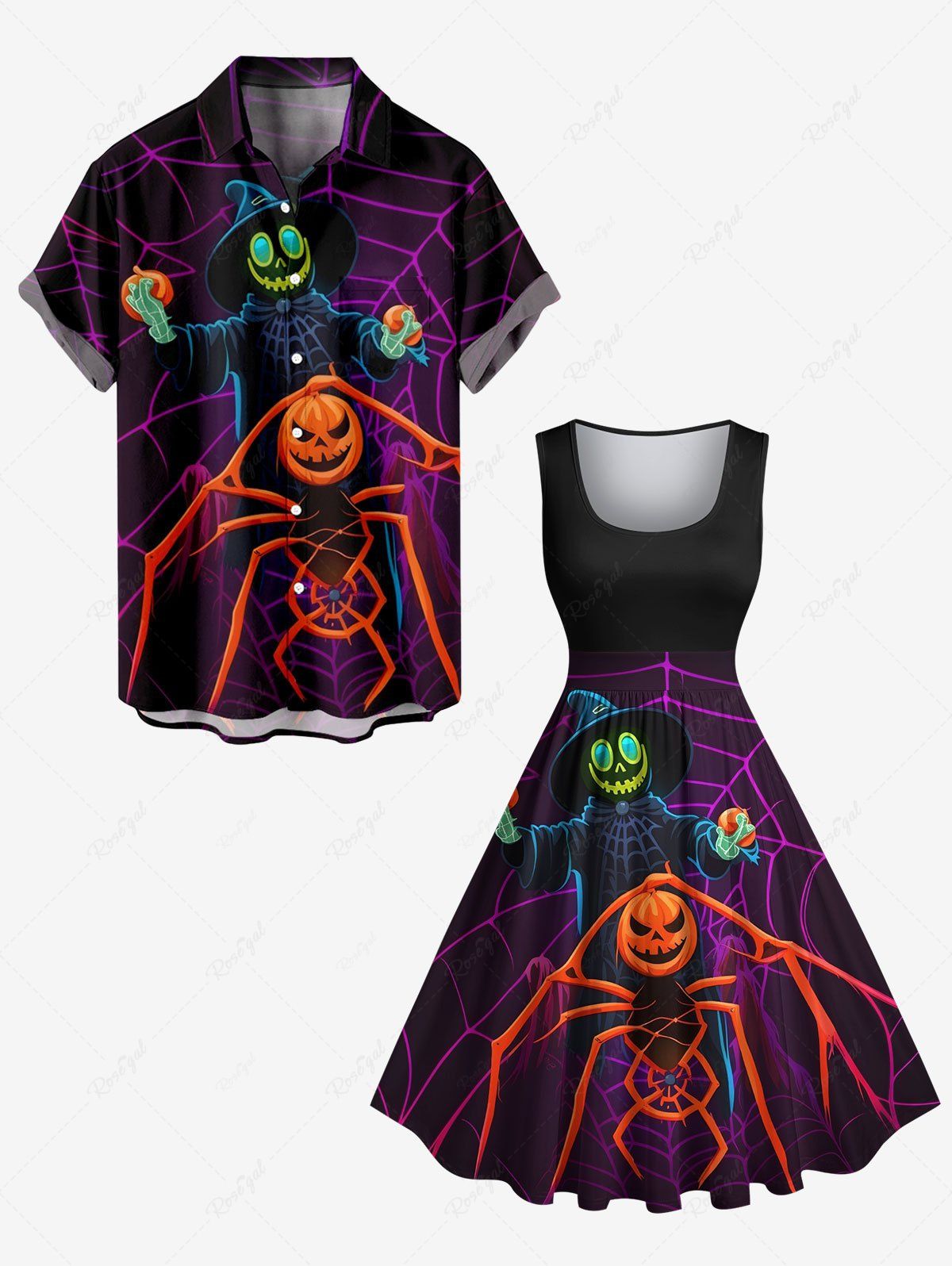 Sale Halloween Pumpkin Wizard Spider Web Print Plus Size Matching Outfit For Couples  