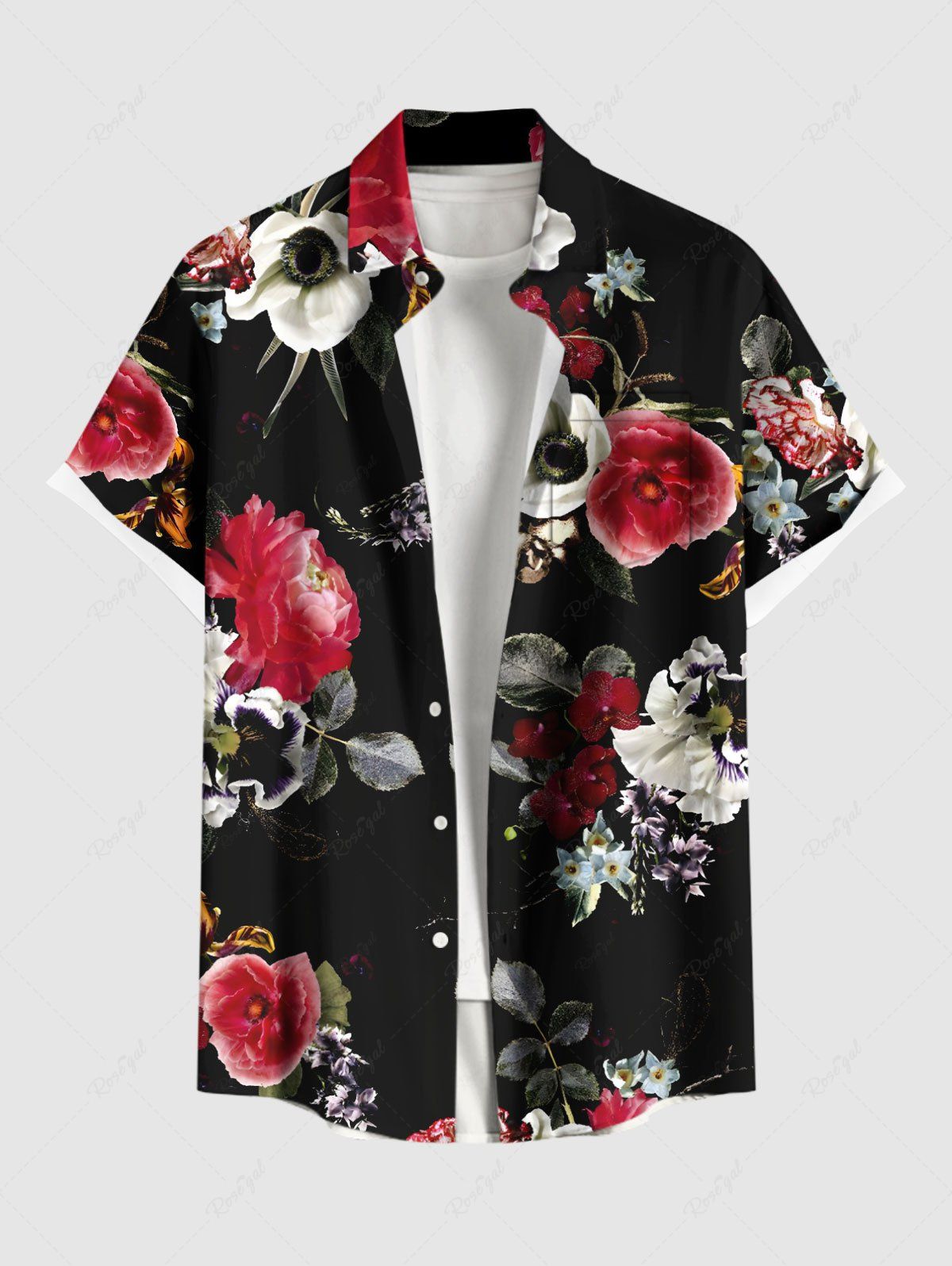Unique Plus Size Flower Leaf Print Hawaii Button Pocket Shirt For Men  