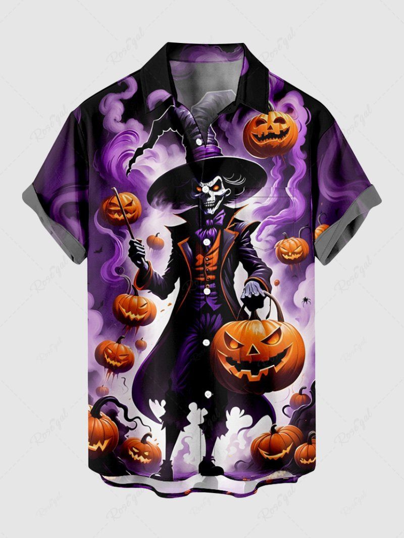 Chemise grande taille à imprimé citrouille sorcier ombré et fumée pour homme, avec poches boutonnées Noir 6XL