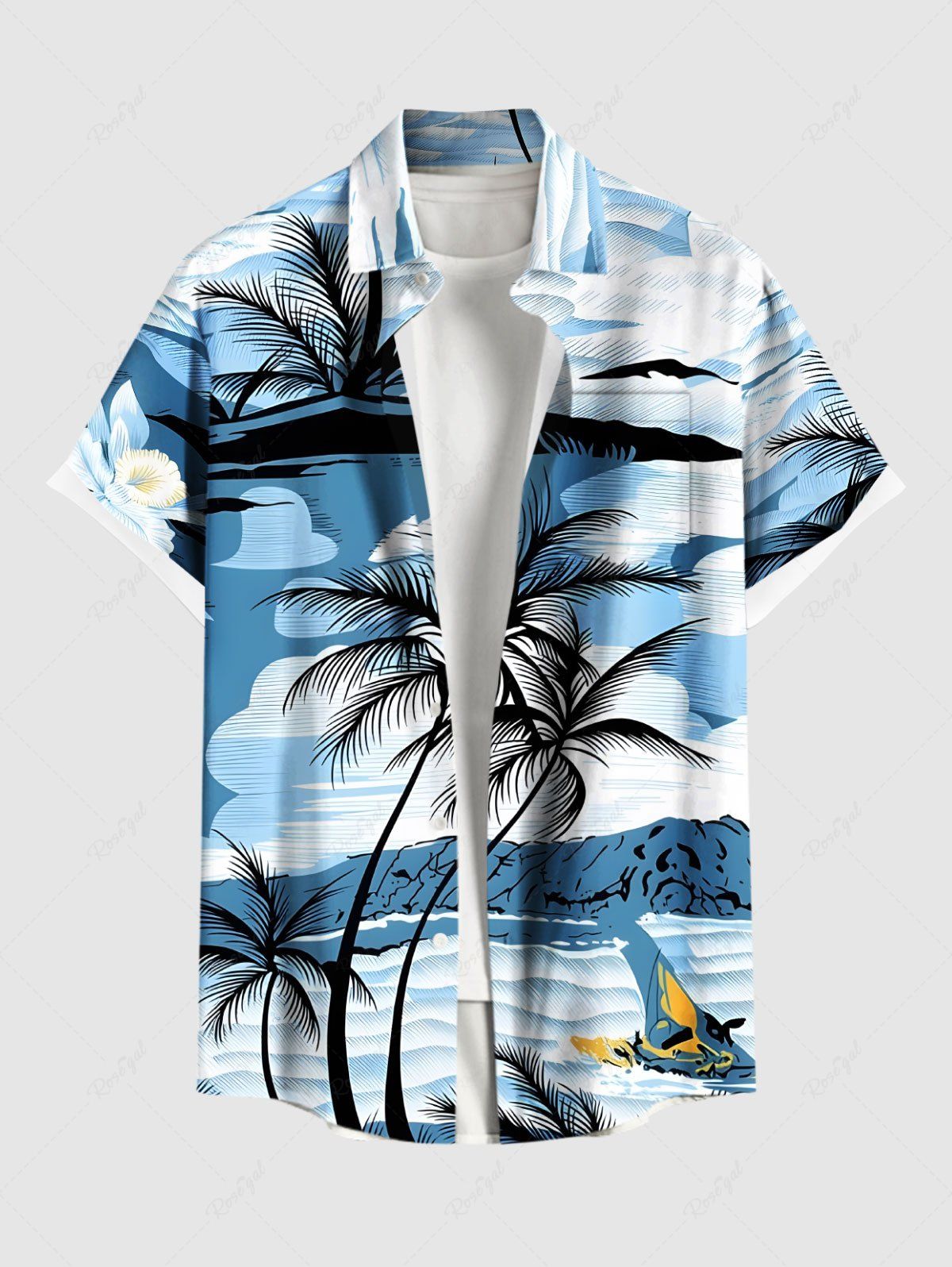 Unique Plus Size Coconut Tree Sea Mountain Cloud Print Hawaii Button Pocket Shirt For Men  