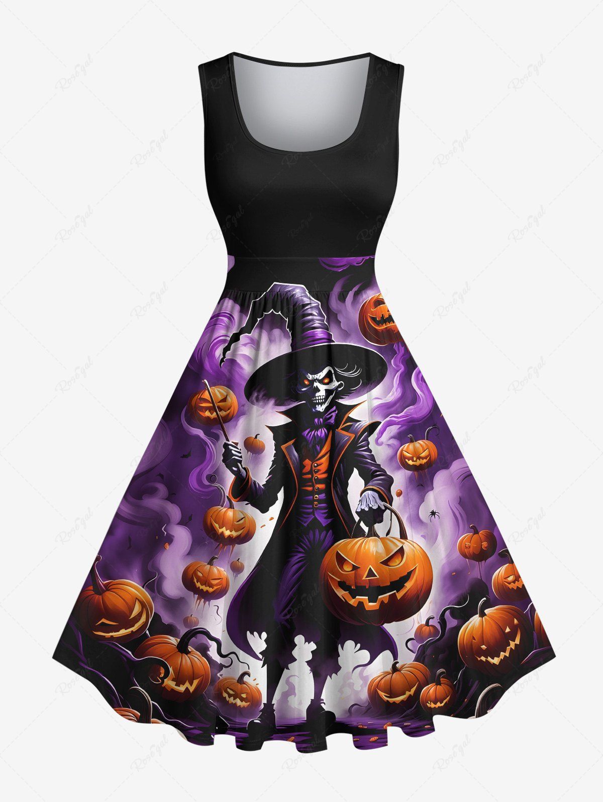 Sale Plus Size Pumpkin Wizard Ombre Smoke Print Halloween 1950s Vintage Swing A Line Dress  