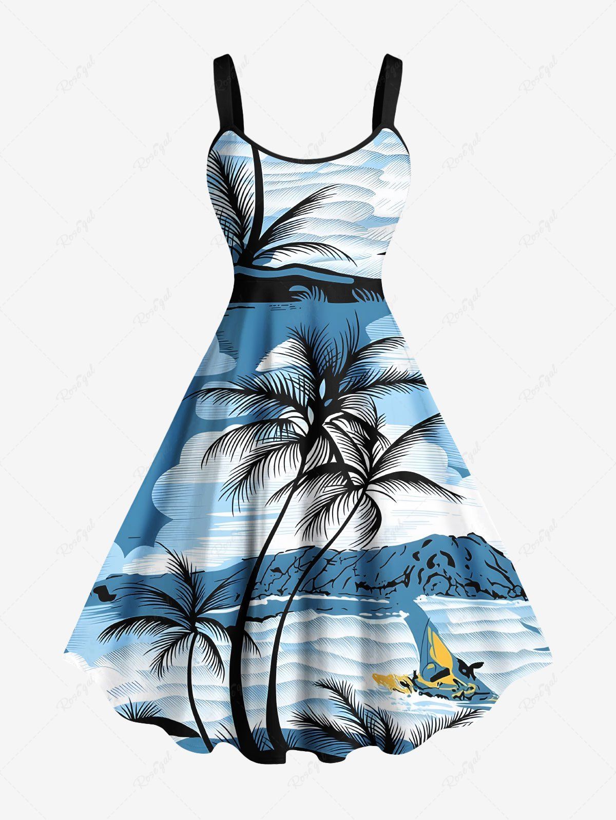 Robe débardeur trapèze hawaïenne grande taille à imprimé cocotiers, mer, montagne et nuages Bleu Ciel XXS