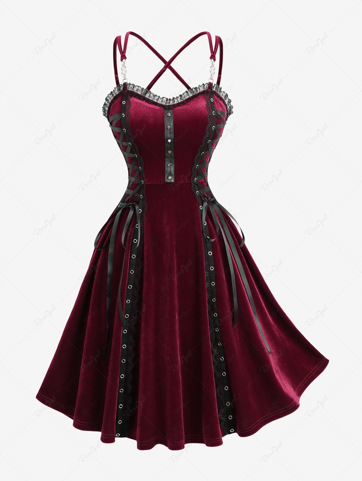 Best Lace Up PU Strap Rivet Crisscross Strappy Velvet A Line Dress  