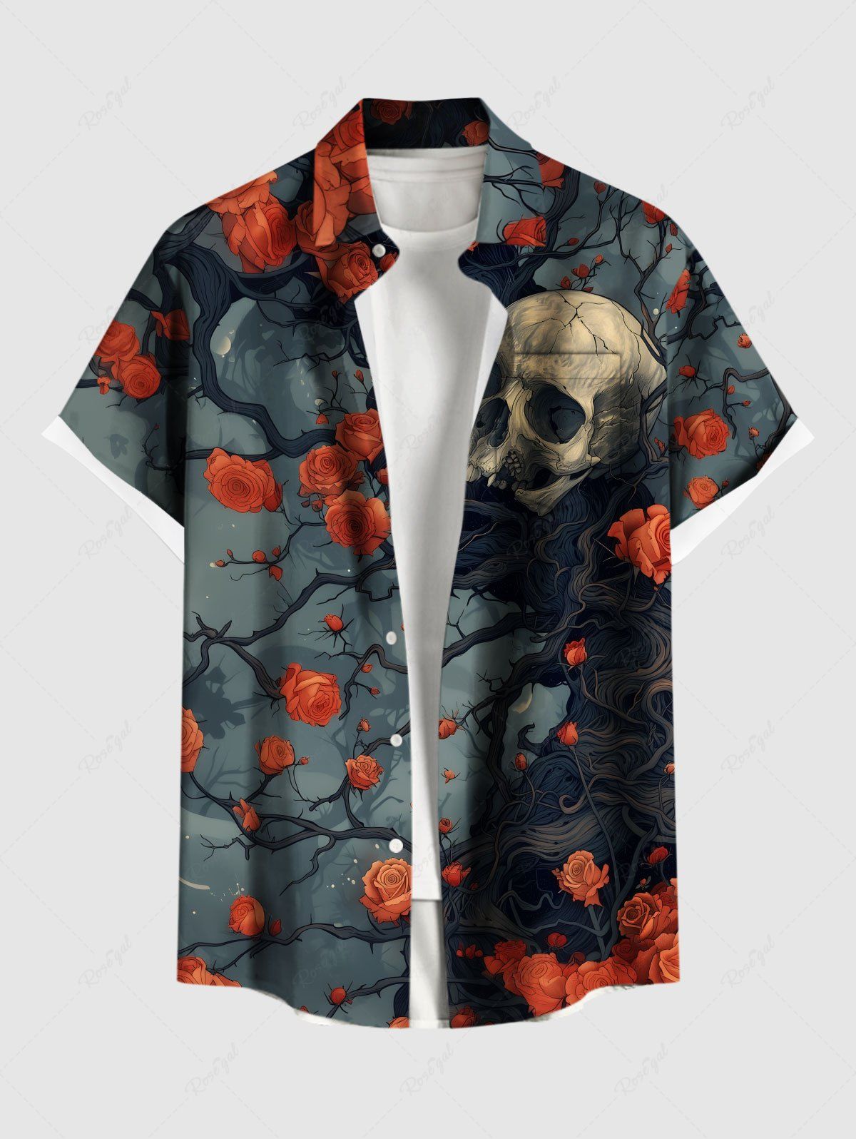 Chemise grande taille à boutons et poches pour homme, motif tête de mort, roses et fleurs, pour Halloween Noir XL