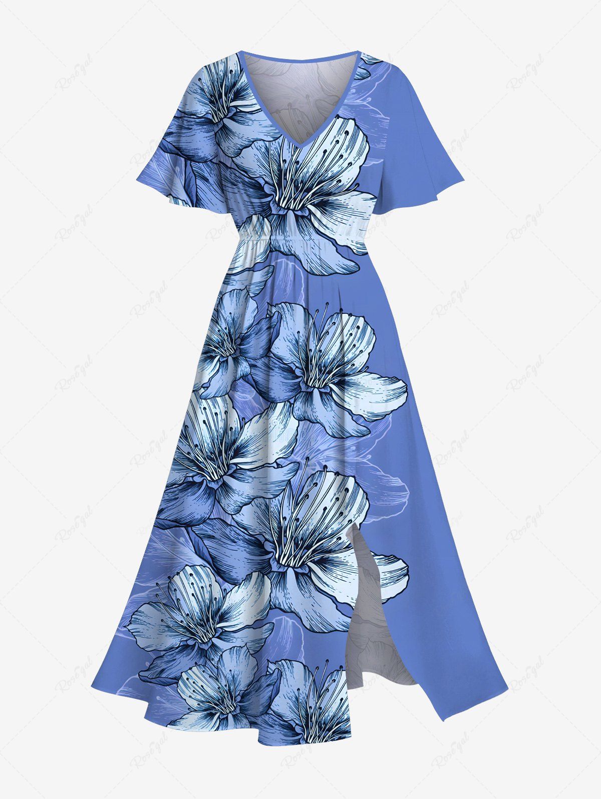 Robe mi-longue hawaïenne fendue à imprimé fleurs et feuilles grande taille Bleu Ciel XXS