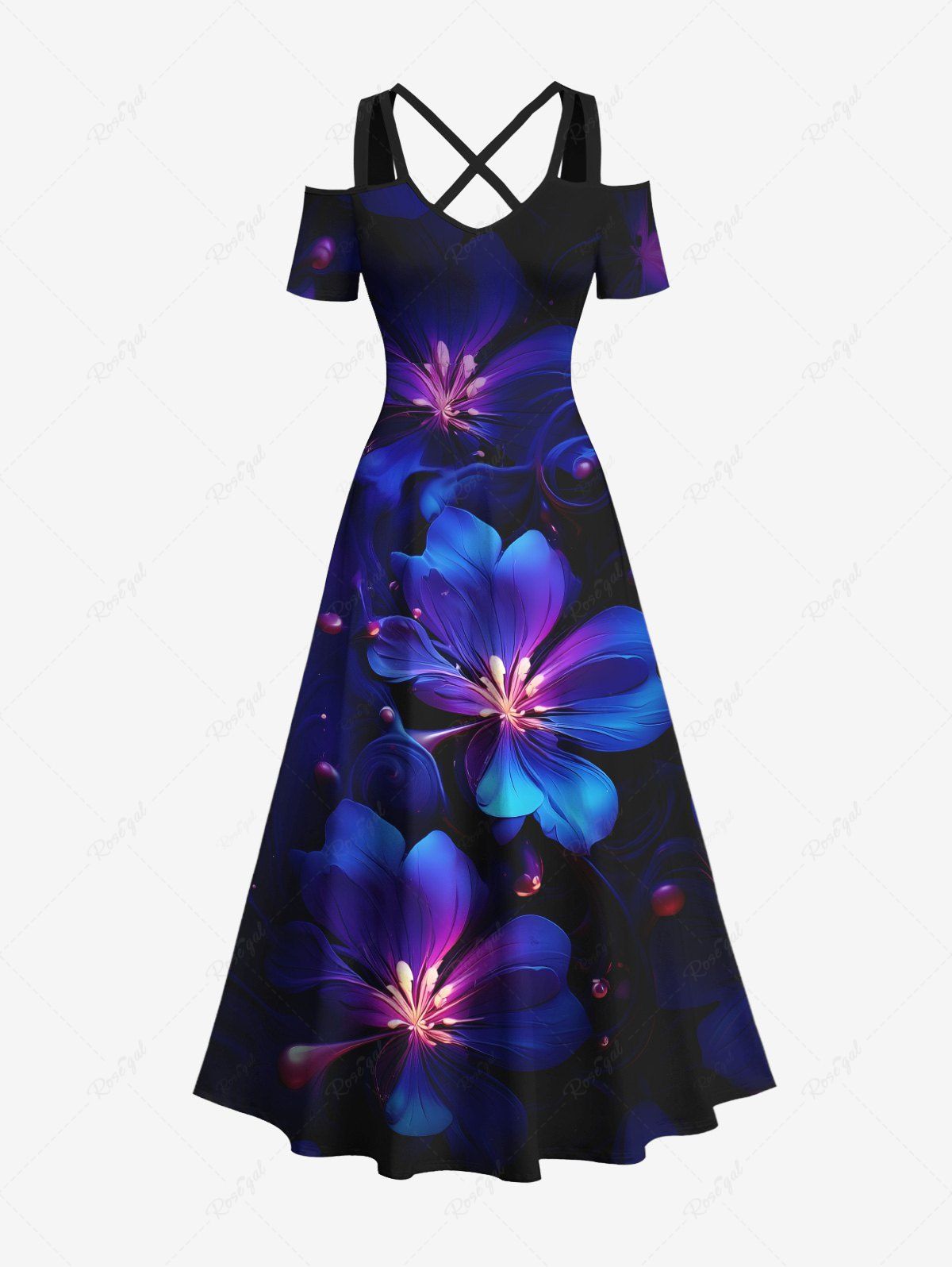 Robe longue hawaïenne grande taille à imprimé floral et paillettes 3D, épaules dénudées et croisée Bleu Marine 6X
