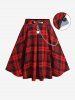 Ruched Solid Lace Trim  Top and Plaid Printed Heart Chain Pocket A Line Skirt Plus Size  Outfit -  