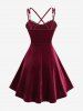 Lace Up PU Strap Rivet Crisscross Strappy Velvet A Line Dress -  