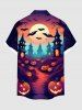 Plus Size Halloween Pumpkin Bat Moon Castle Print Buttons Pocket Shirt For Men -  