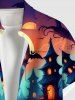 Plus Size Halloween Pumpkin Bat Moon Castle Print Buttons Pocket Shirt For Men -  