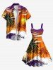 Robe débardeur grande taille à imprimé cocotier, vagues, coucher de soleil, ciel ombré, style hawaïen, coupe trapèze - Orange 4X