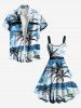 Robe débardeur trapèze hawaïenne grande taille à imprimé cocotiers, mer, montagne et nuages - Bleu Ciel XXS