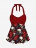 Skull Rose Flower Print Halloween Twist Halter Backless Tankini Swimsuit -  