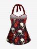 Skull Rose Flower Print Halloween Twist Halter Backless Tankini Swimsuit -  