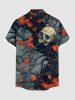 Plus Size Halloween Skulls Rose Flowers Print Buttons Pocket Shirt For Men -  