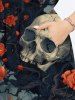 Robe mi-longue fendue grande taille à imprimé tête de mort et roses pour Halloween - Noir XXS