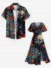 Robe mi-longue fendue grande taille à imprimé tête de mort et roses pour Halloween - Noir XXS
