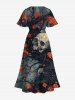 Plus Size Halloween Skulls Rose Flowers Print Split Midi Dress -  