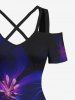 Plus Size Flowers Glitter 3D Print Cold Shoulder Crisscross Hawaii Maxi Dress -  