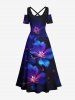 Plus Size Flowers Glitter 3D Print Cold Shoulder Crisscross Hawaii Maxi Dress -  