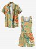 Plus Size Hibiscus Flowers Leaf Print Cinched Hawaii Romper -  