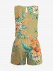Plus Size Hibiscus Flowers Leaf Print Cinched Hawaii Romper -  