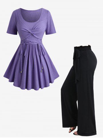 Twist Panel Cinched Wiast Top and Solid Color Waist Ruffles Wide Leg Pants Plus Size Outfit - PURPLE