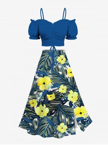 Flowers Tropical Leaf Print Hawaii Plus Size Matching Set - BLUE