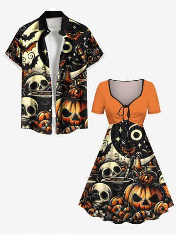 Halloween Pumpkin Skulls Star Bat Moon Print Plus Size Matching Outfit For Couples - ORANGE