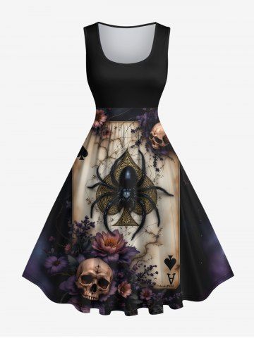 Plus Size Halloween Skulls Flowers Spider Poker Print 1950s Vintage Dress - BLACK - XXS