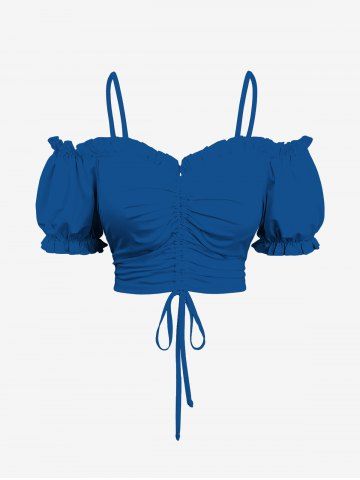 Plus Size Cinched Ruched Ruffles Cold Shoulder Cami Top - BLUE - 1X