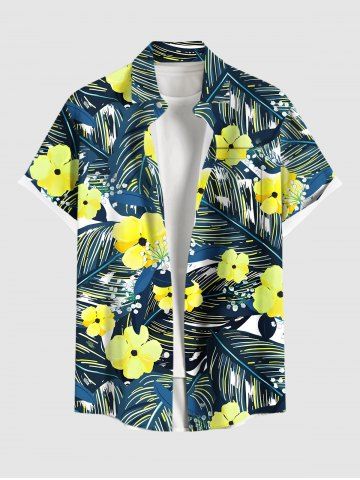 Plus Size Flowers Tropical Leaf Print Buttons Pocket Hawaii Shirt For Men - DEEP BLUE - 3XL