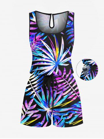 Plus Size Colorful Tropical Leaf Print Cinched Hawaii Romper - PURPLE - L