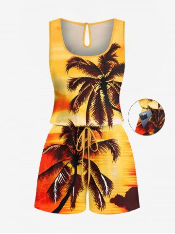 Plus Size Coconut Tree Ombre Print Cinched Hawaii Romper - YELLOW - L
