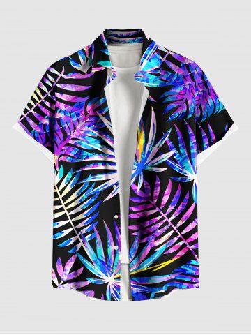 Plus Size Colorful Tropical Leaf Print Buttons Pocket Hawaii Shirt For Men - PURPLE - XL