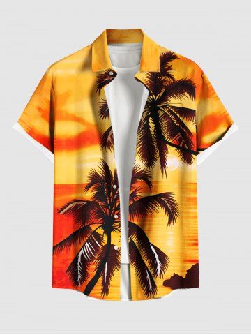 Plus Size Coconut Tree Ombre Print Buttons Pocket Hawaii Shirt For Men - YELLOW - L