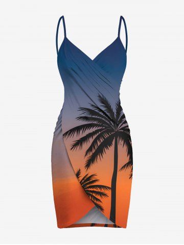 Plus Size Coconut Tree Ombre Colorblock Print Convertible Hawaii Beach Cover - BLUE - XS