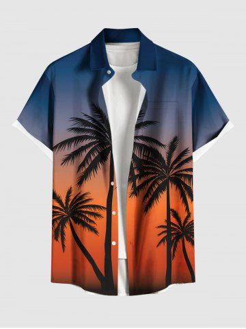 Plus Size Coconut Tree Ombre Colorblock Print Buttons Pocket Hawaii Shirt For Men - BLUE - L