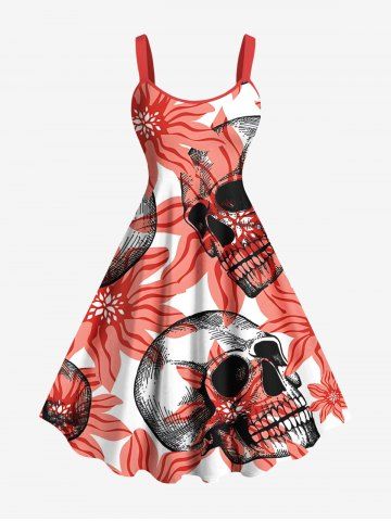 Plus Size Halloween Skulls Flowers Print Tank Dress - RED - S