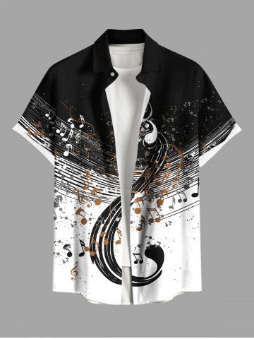 Plus Size Musical Notes Colorblock Print Buttons Pocket Hawaii Shirt For Men - BLACK - S