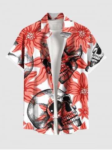 Plus Size Halloween Skulls Flowers Print Buttons Pocket Shirt For Men - RED - L