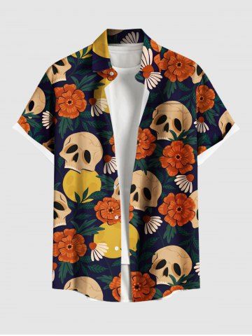Plus Size Skulls Flowers Moon Print Hawaii Buttons Pocket Shirt For Men - ORANGE - XL