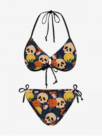 Hawaii Skulls Flowers Moon Print Halter Cinched Bikini Set - BLACK - XS
