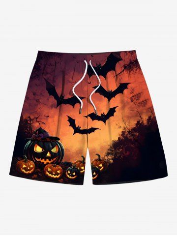 Plus Size Halloween Pumpkin Bat Moon Print Beach Shorts For Men - DARK ORANGE - XL