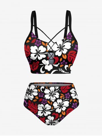 Plus Size Flowers Leaf Print Lace Up Panel Hawaii Tankini Set - BLACK - 6X