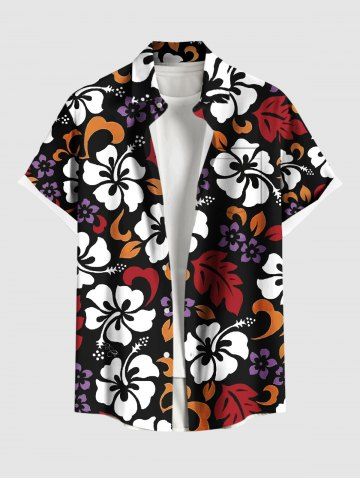 Plus Size Hibiscus Flower Tropical Leaf Print Buttons Pocket Hawaii Shirt For Men - BLACK - S