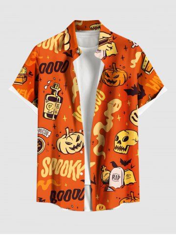 Plus Size Halloween Pumpkin Ghost Skull Bottles Print Buttons Pocket Shirt For Men - ORANGE - 3XL