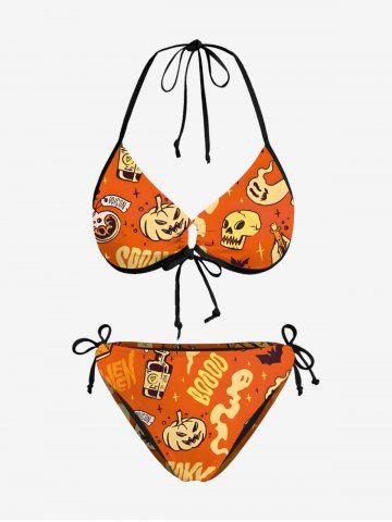 Halloween Pumpkin Ghost Bottles Letters Print Halter Cinched Bikini Set - ORANGE - S