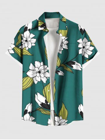 Plus Size Flowers Leaf Print Buttons Pocket Hawaii Shirt For Men - GREEN - 6XL
