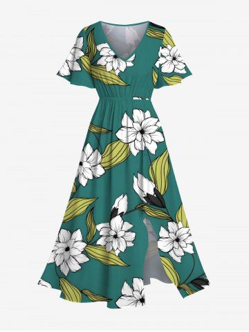 Plus Size Flowers Leaf Print Split Hawaii Midi Dress - GREEN - S